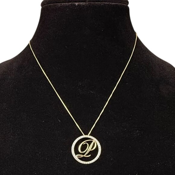 Gold Tone "P" Pendant Necklace 925 Sterling Silver Chain Round Crystal Accent - Picture 1 of 6